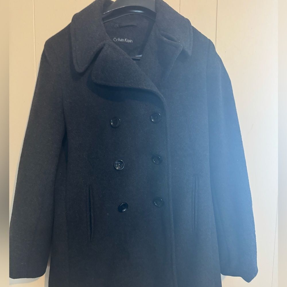 CALVIN KLEIN Wom. oversized Med-Lrg Charcoal double breasted Wool Blend Peacoat